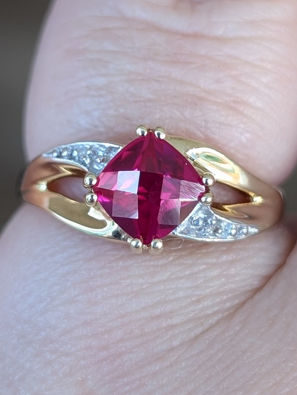 10K Gold Cushion Cut Lab Grown Ruby Ring With Diamond Accents